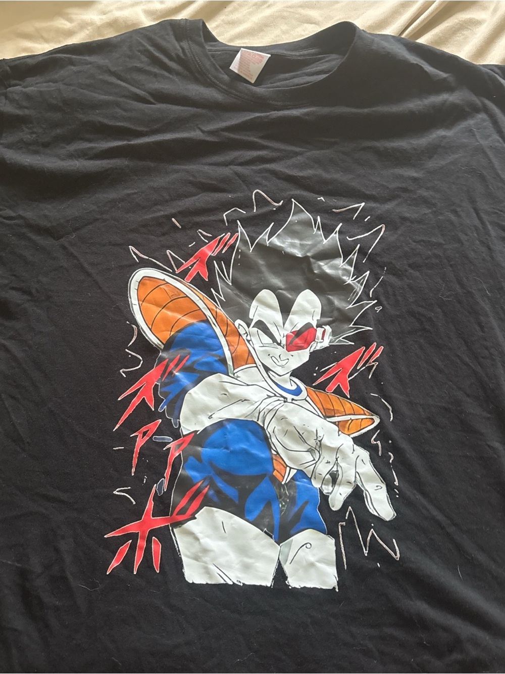 Black Graphic Anime Character Tee with Blue & Orange Accents